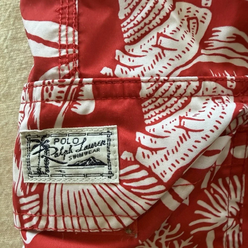 Polo Ralph Lauren Mens 2XB Red Tropical Fish Hibiscus Floral Lined Swim Trunks